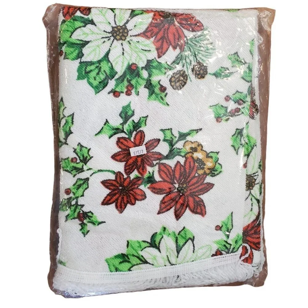 Vintage Retro Christmas Poinsetta Terrycloth Fringe‎ Trim Round Tablecloth 60 In